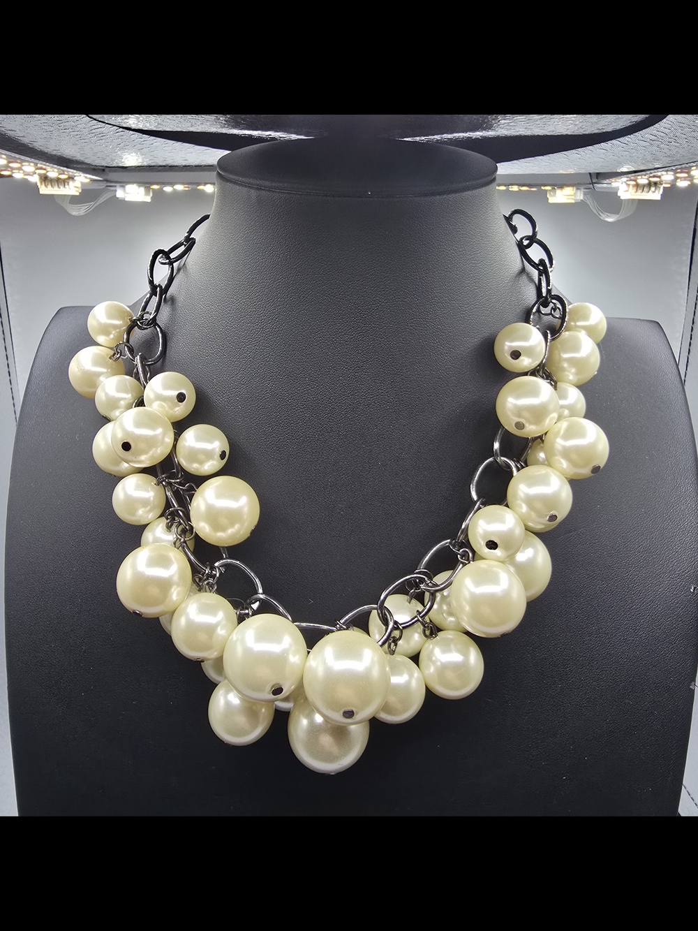 Faux Pearl Cluster Necklace Statement Chunky Gunmetal Tone 16" to 19" Adjustable